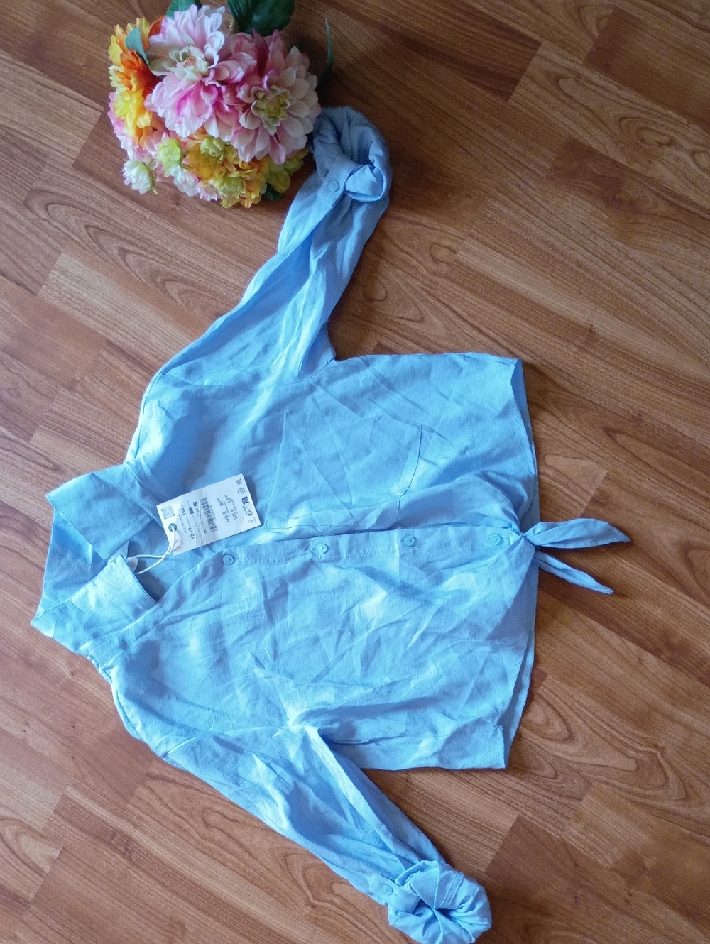 Zara Light Blue Girls Button-Front Tie Hem Shirt